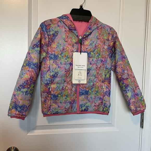 NWT Save The Duck Reversible Puffer Jacket Coat Size 6 Pink Multicolor Abstract - Picture 2 of 15